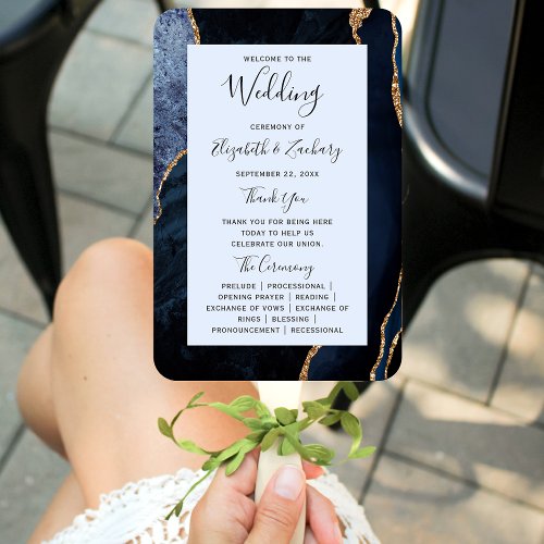 Navy Blue Gold Agate Wedding Program Hand Fan