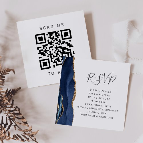 Navy Blue Gold Agate Wedding QR Code RSVP Enclosure Card