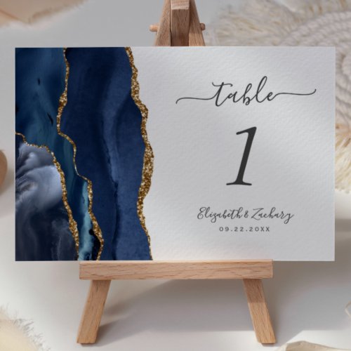 Navy Blue Gold Agate Wedding Table Number