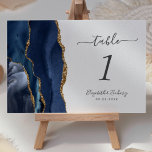Navy Blue Gold Agate Wedding Table Number<br><div class="desc">The left-hand edge of this elegant modern wedding table number card features a navy blue watercolor agate border trimmed with faux gold glitter. The customizable text combines charcoal gray handwriting,  and italic and copperplate fonts on a white background.</div>