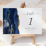 Navy Blue Gold Agate Wedding Table Number<br><div class="desc">The left-hand edge of this elegant modern wedding table number card features a navy blue watercolor agate border trimmed with faux gold glitter. The customizable text combines charcoal gray handwriting,  and italic and copperplate fonts on a white background.</div>