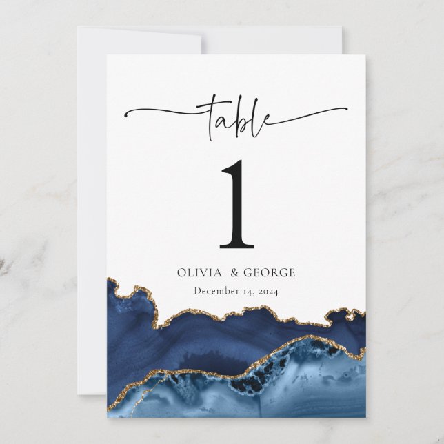 Navy Blue Gold Agate Wedding Table Number Cards  (Front)