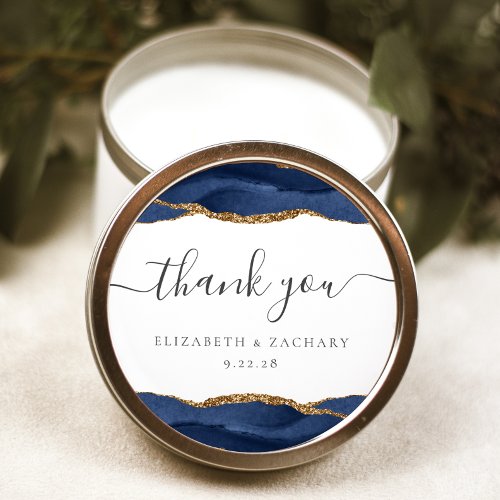 Navy Blue Gold Agate Wedding Thank You Classic Round Sticker