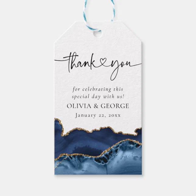 Navy Blue Gold Agate Wedding Thank You Favor Tags | Zazzle