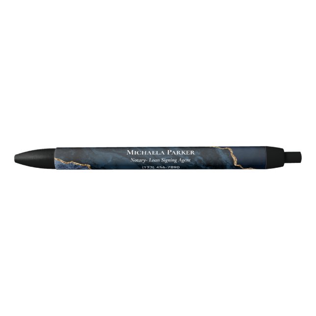 Navy Blue Gold Agate White Modern Business Pen (Front)