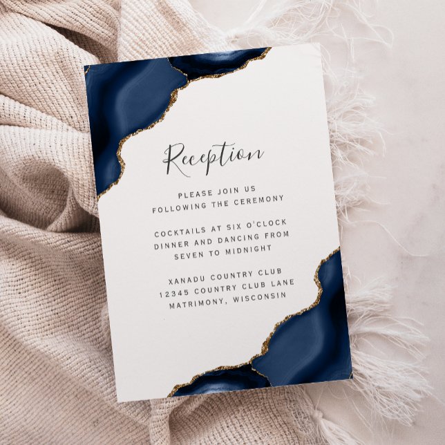 Navy Blue Gold Agate White Wedding Reception Enclosure Card (Creator Uploaded)