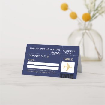 Navy Blue Gold Airline Ticket Guest Seating Place Card by labellarue at Zazzle