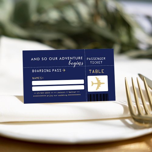 Navy Blue Gold Airline Ticket Guest Seating Place Card