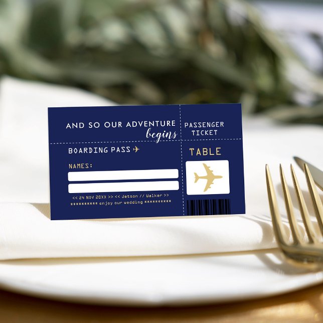 Navy Blue Gold Airline Ticket Guest Seating Place Card (Creator Uploaded)