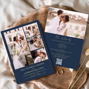 Navy Blue Gold All In One QR Code Photo Wedding Invitation