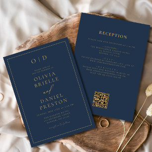 Navy Blue Gold All in One QR Code Wedding Invitation