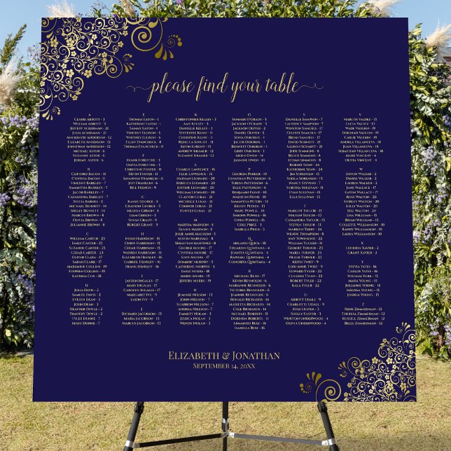 Navy Blue Gold Alphabetical Wedding Seating Chart Foam Board (On Stand)