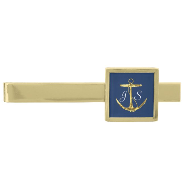 Navy Blue Gold Anchor Monogram Wedding Gold Finish Tie Bar (Front)