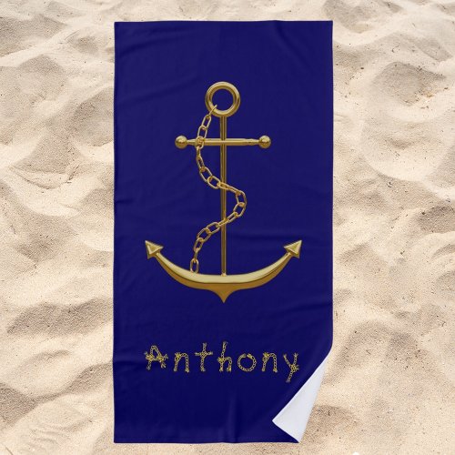 Navy blue gold anchor name beach towel