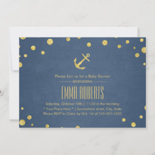 Navy Blue Gold Anchor Nautical Baby Shower Invitation
