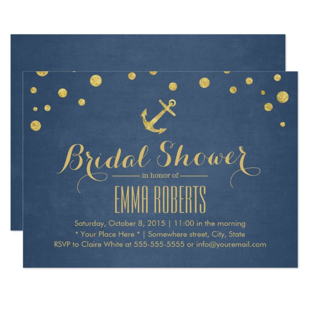 Navy Blue Gold Anchor Nautical Bridal Shower Invitation