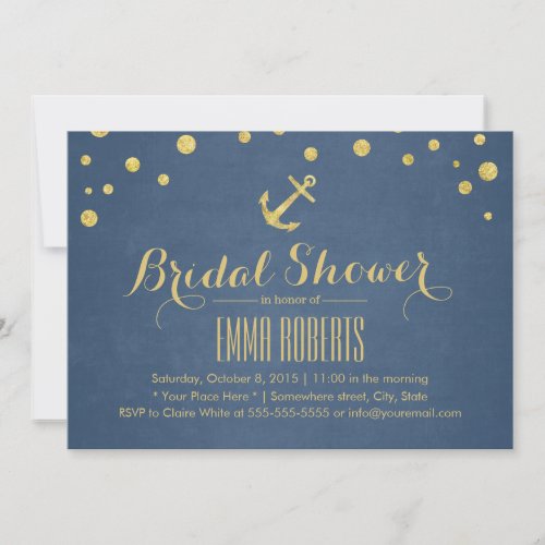 Navy Blue Gold Anchor Nautical Bridal Shower Invitation