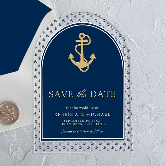Navy Blue Gold Anchor Wedding Save the Date Acrylic Invitations (Creator Uploaded)