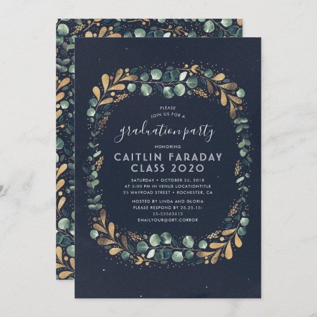 Navy Blue Gold and Green Vintage Graduation Party Invitation (Front/Back)
