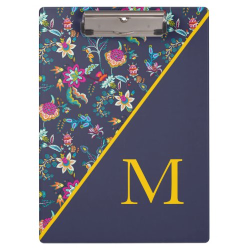 Navy Blue Gold and Pink Floral Monogram Clipboard