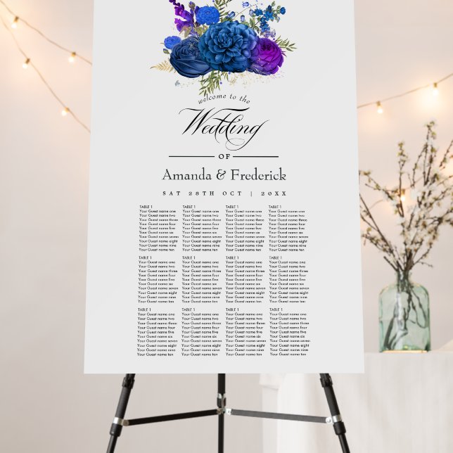 Navy Blue, Gold and Purple Floral Wedding Welcome Foam Board (In Situ (Stand))