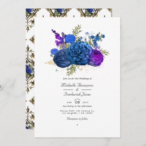 Navy Blue Gold and Purple Vintage Floral Wedding Invitation