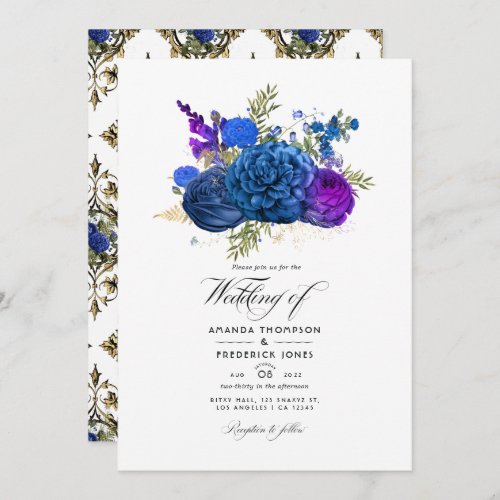Navy Blue Gold and Purple Vintage Floral Wedding  Invitation