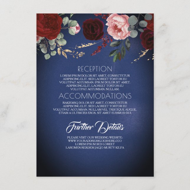 Navy Blue Gold and Red Floral Wedding Information Enclosure Card (Front)