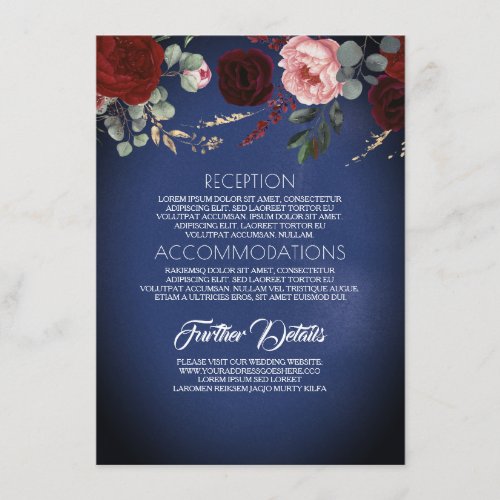 Navy Blue Gold and Red Floral Wedding Information Enclosure Card