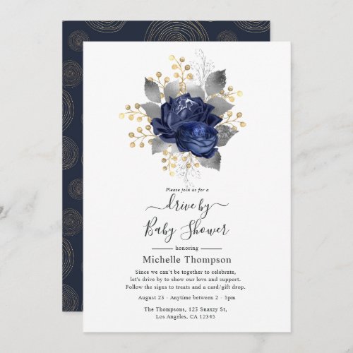 Navy Blue Gold and Silver Floral Drive By Shower Invitation