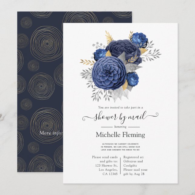 Navy Blue, Gold and Silver Floral Shower by Mail Invitation (Front/Back)