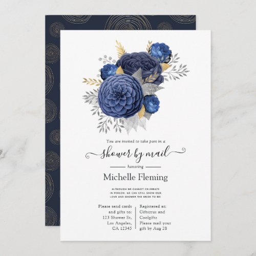 Navy Blue Gold and Silver Floral Shower by Mail Invitation
