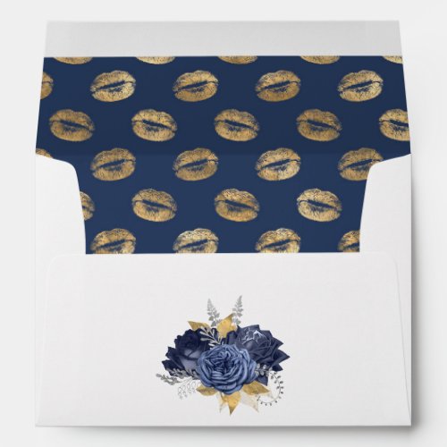 Navy Blue Gold and Silver Floral Wedding Envelope