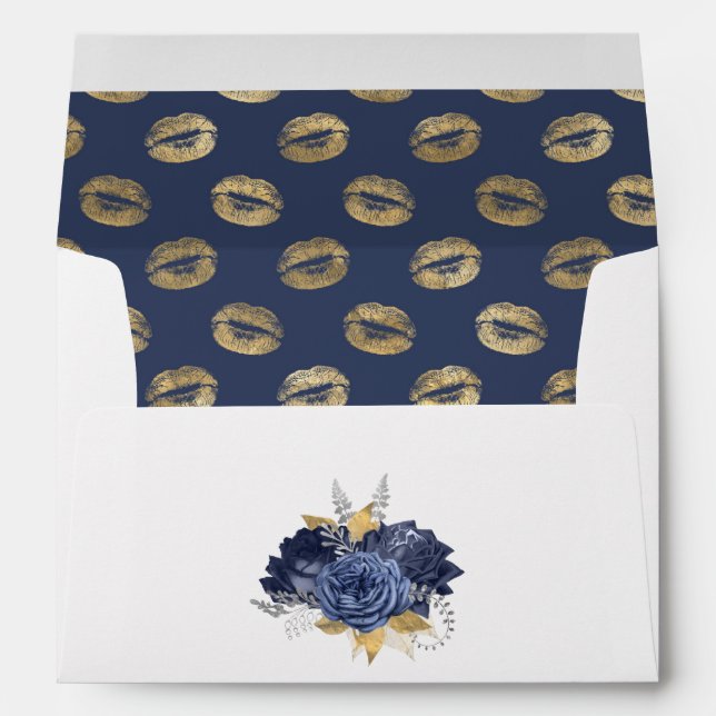 Navy Blue, Gold and Silver Floral Wedding Envelope (Back (Bottom))