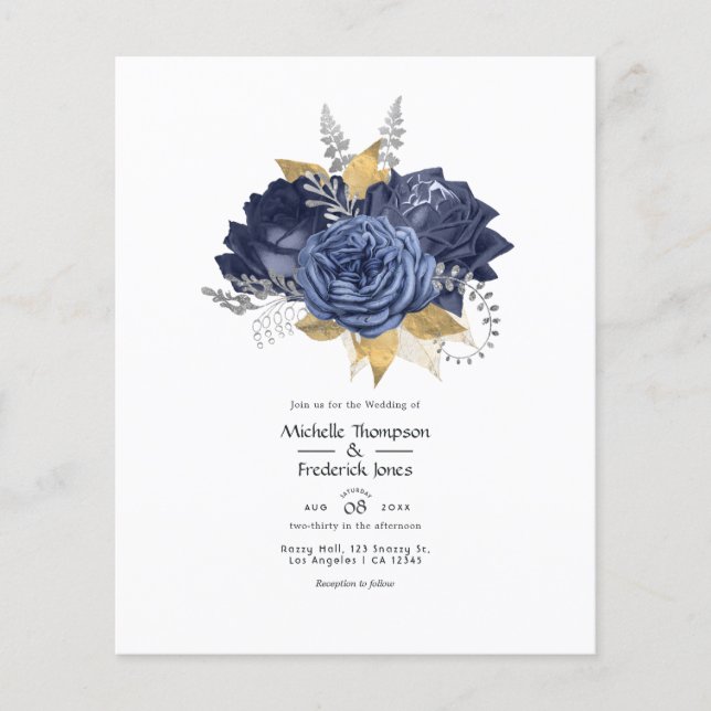 Navy Blue, Gold and Silver Floral Wedding Flyer (Front)