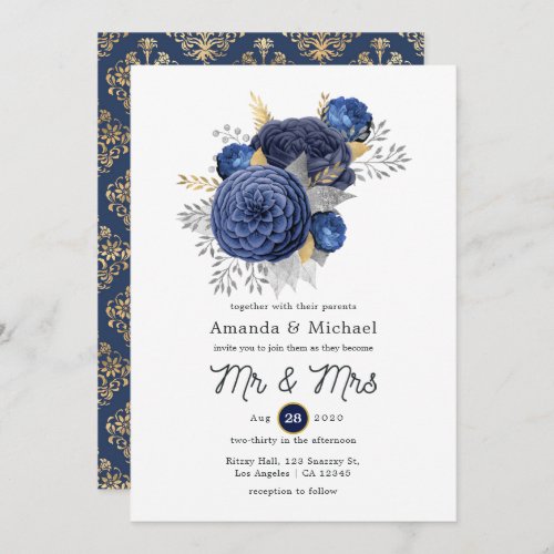 Navy Blue Gold and Silver Floral Wedding Invitation