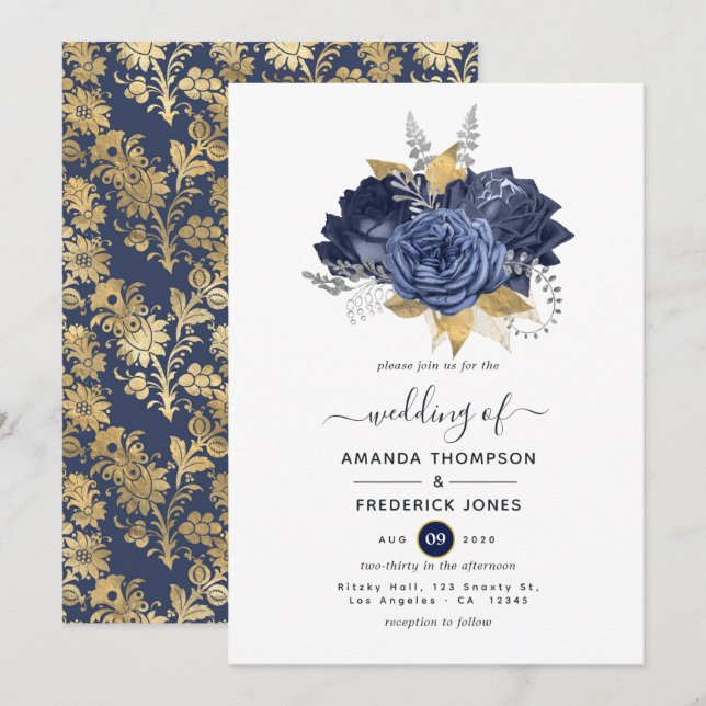 Navy Blue, Gold and Silver Floral Wedding Invitation (Front/Back)