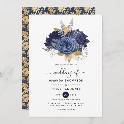 Navy Blue Gold and Silver Floral Wedding Invitation