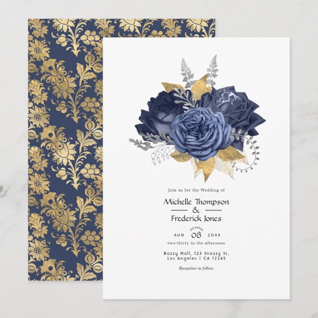 Navy Blue, Gold and Silver Floral Wedding Invitation (Front/Back)