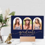 Navy Blue Gold Arch Multiple Photos Graduation Holder<br><div class="desc">Navy Blue Gold Arch Multiple Photos Graduation Picture Ledge featuring 3 of your favorite photos and our stunning chic boho typography and geometric arch in classic navy blue and saffron yellow gold. The perfect graduation keepsake. If you need assistance or matching items,  please contact us at cedarandstring@gmail.com.</div>