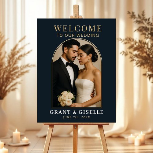 Navy Blue Gold Arch Photo Wedding Welcome Sign