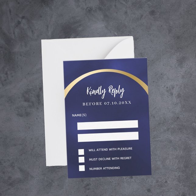 Navy blue gold arch wedding response RSVP Note Card (Creator Uploaded)
