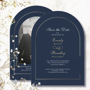 Navy Blue Gold Arch White Save the Date Wedding Invitation