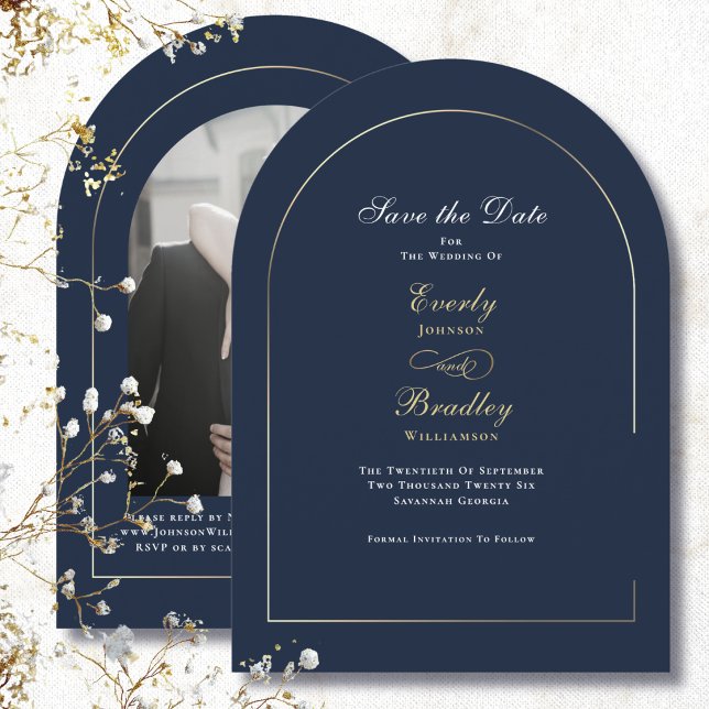 Navy Blue Gold Arch White Save the Date Wedding Invitation (Creator Uploaded)