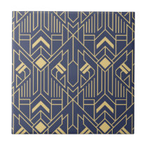 Navy Blue Gold Art Deco Geometric Pattern Ceramic Tile