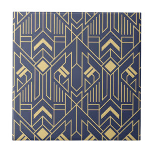 Navy Blue Gold Art Deco Geometric Pattern Ceramic Tile