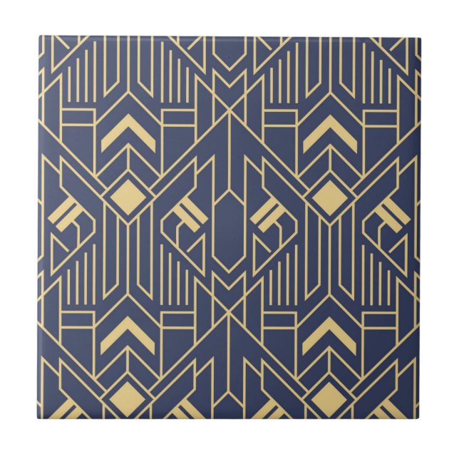 Navy Blue Gold Art Deco Geometric Pattern Ceramic Tile (Front)