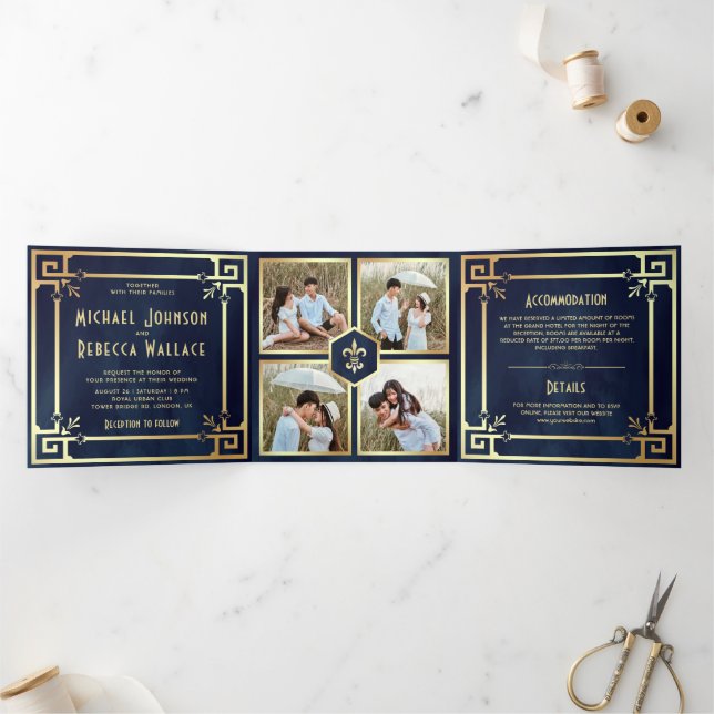 Navy Blue Gold Art Deco Photo Collage Wedding Tri-Fold Invitation (Inside)