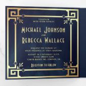 Navy Blue Gold Art Deco Photo Collage Wedding Tri-Fold Invitation (Inside First)