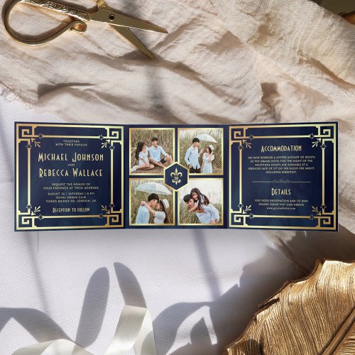 Navy Blue Gold Art Deco Photo Collage Wedding Tri_Fold Invitation